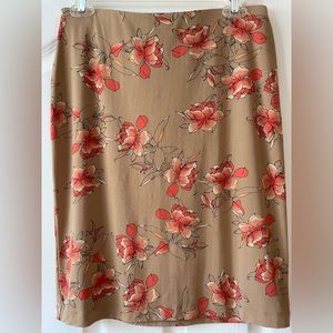 J. Jill Stretch Pencil Skirt, XS, Tan/Coral/Black Floral, Elastic Waist
